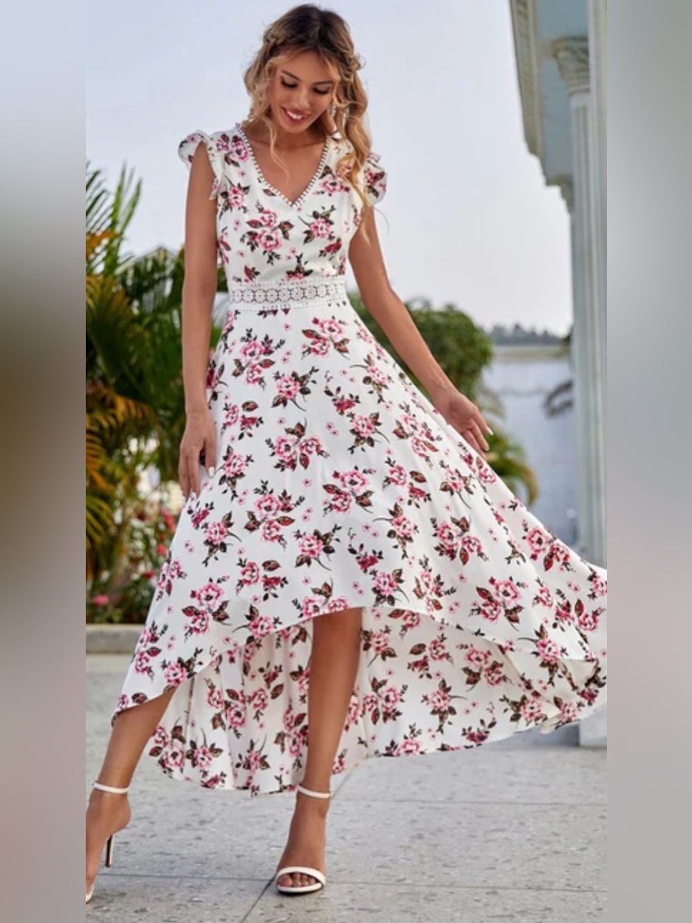 Cupshe White Floral High-Low Dress with Pink Roses